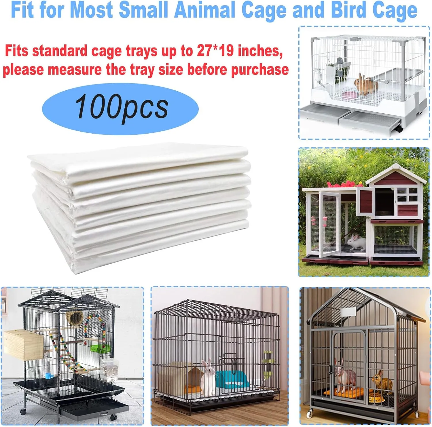 100 Pcs Disposable Rabbit Cage Liner, 27'' X 19'' Bunny Cage Tray Liners Clear Plastic Guinea Pig Toilet Film for Bunnies Ferrets Chinchillas Birds Small Animal - Leak Proof & No Mess