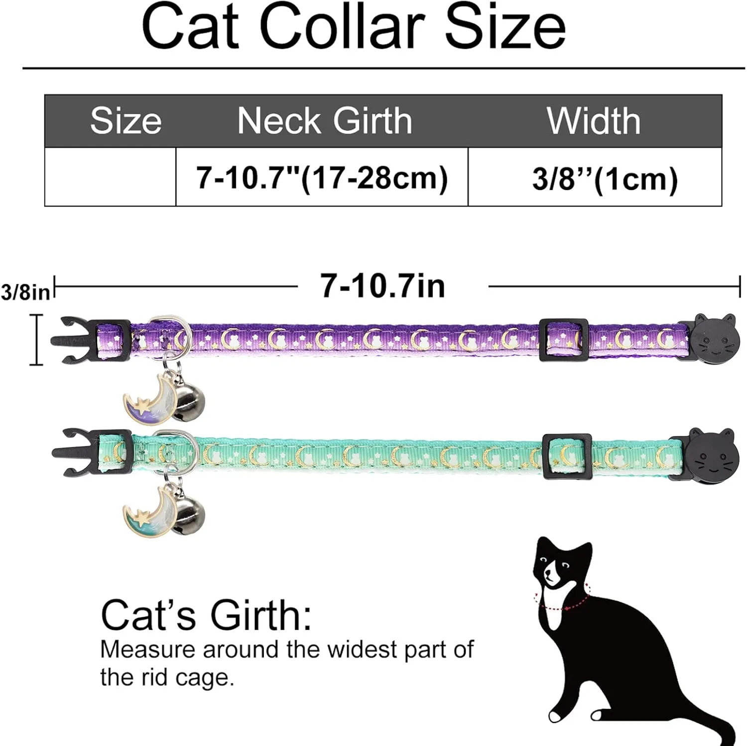2 Pack Breakaway Cat Collar with Bells,Adjustable Moon and Star Kitten Safety Collars for Boys & Girls,Purple Teal