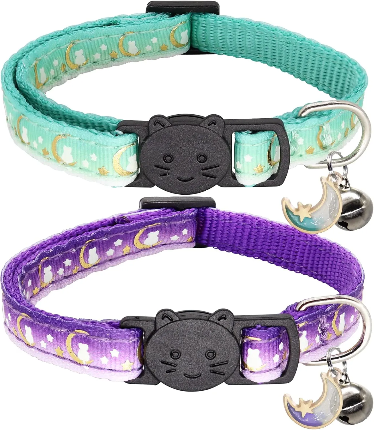 2 Pack Breakaway Cat Collar with Bells,Adjustable Moon and Star Kitten Safety Collars for Boys & Girls,Purple Teal