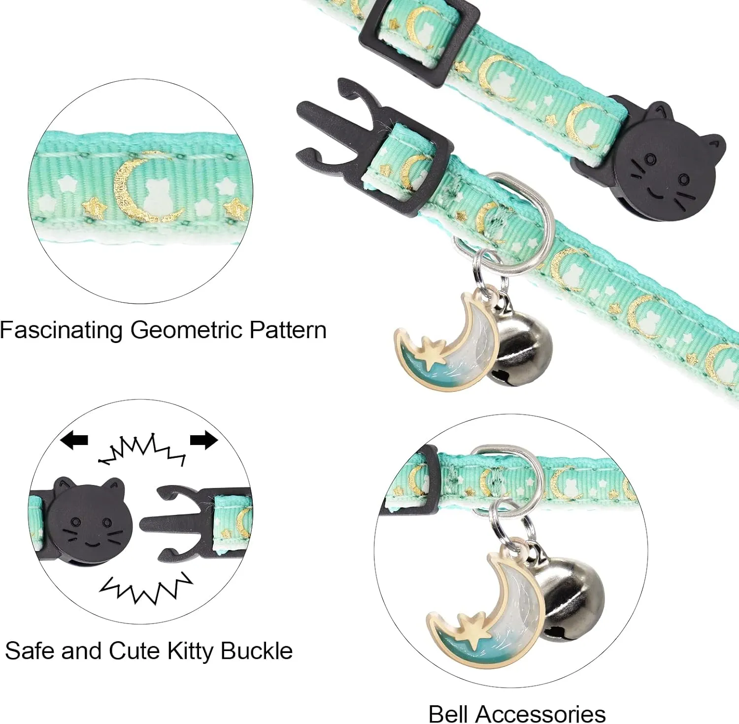 2 Pack Breakaway Cat Collar with Bells,Adjustable Moon and Star Kitten Safety Collars for Boys & Girls,Purple Teal