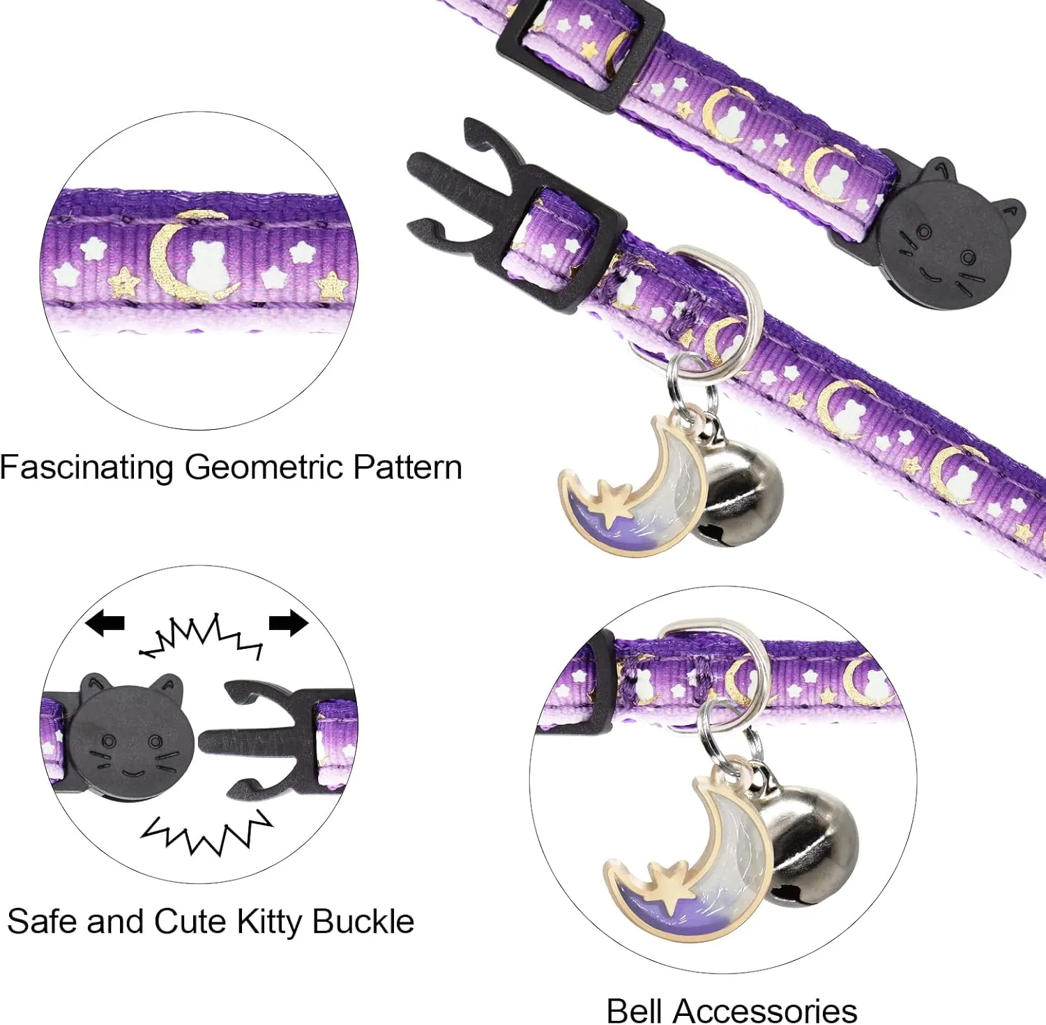 2 Pack Breakaway Cat Collar with Bells,Adjustable Moon and Star Kitten Safety Collars for Boys & Girls,Purple Teal