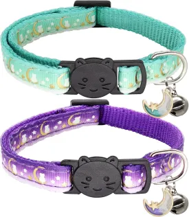 2 Pack Breakaway Cat Collar with Bells,Adjustable Moon and Star Kitten Safety Collars for Boys & Girls,Purple Teal