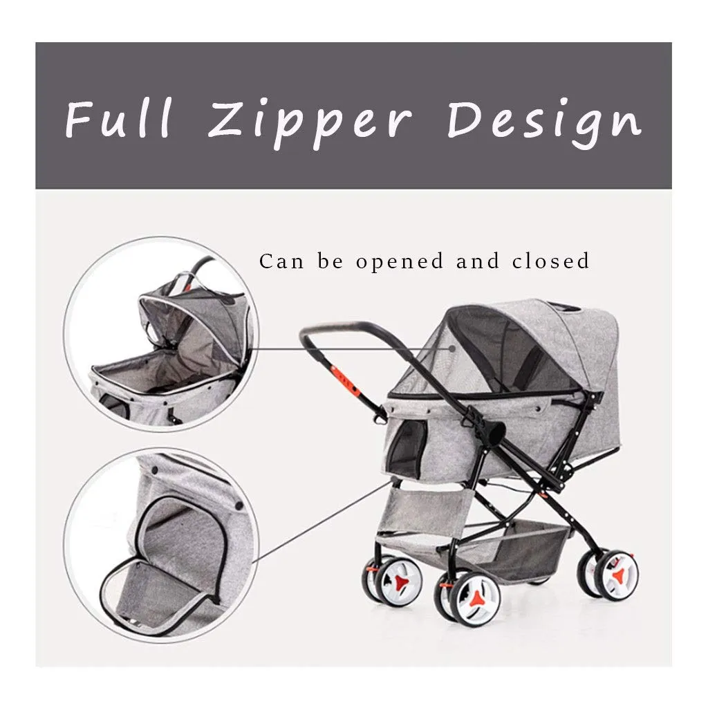 4 Wheel Dog Strollers for Medium Small Dogs, Cat/Dog Stroller Easy One-Hand Fold, Reversible Push Handle Pet Stroller Puppy & Kitten Carrier Extended Cockpit 25in