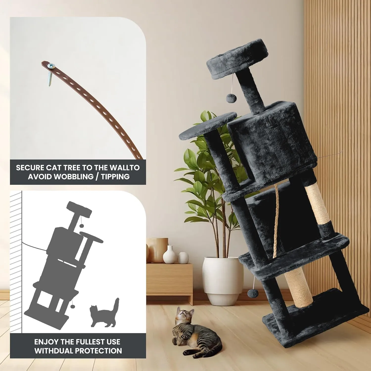 59in Large Cat Tree Tower for Indoor Cats with Soft Plush Hang Ball, Two Condos, Sisal Scratch Posts & Rope Play for Kittens/Adult Cats, Deep Grey