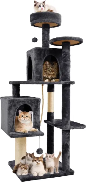 59in Large Cat Tree Tower for Indoor Cats with Soft Plush Hang Ball, Two Condos, Sisal Scratch Posts & Rope Play for Kittens/Adult Cats, Deep Grey