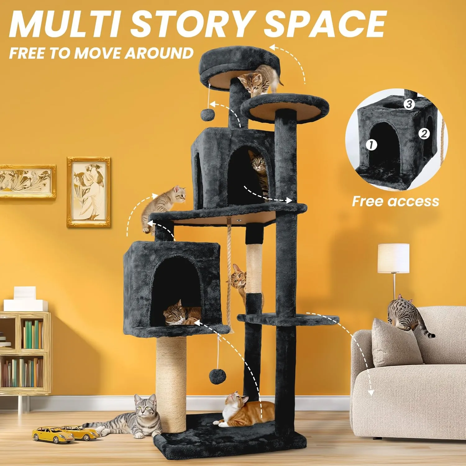 59in Large Cat Tree Tower for Indoor Cats with Soft Plush Hang Ball, Two Condos, Sisal Scratch Posts & Rope Play for Kittens/Adult Cats, Deep Grey