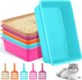 Amyhill 5 Pcs Open Cat Litter Box Kitten Litter Pan with 5 Scooper Medium Plastic Pet Tray Durable Nonstick Kitten Box for Indoor Pets Cats Rabbit Supply Easy to Clean, 14.6x10.6x3.4 Inch, 5 Color
