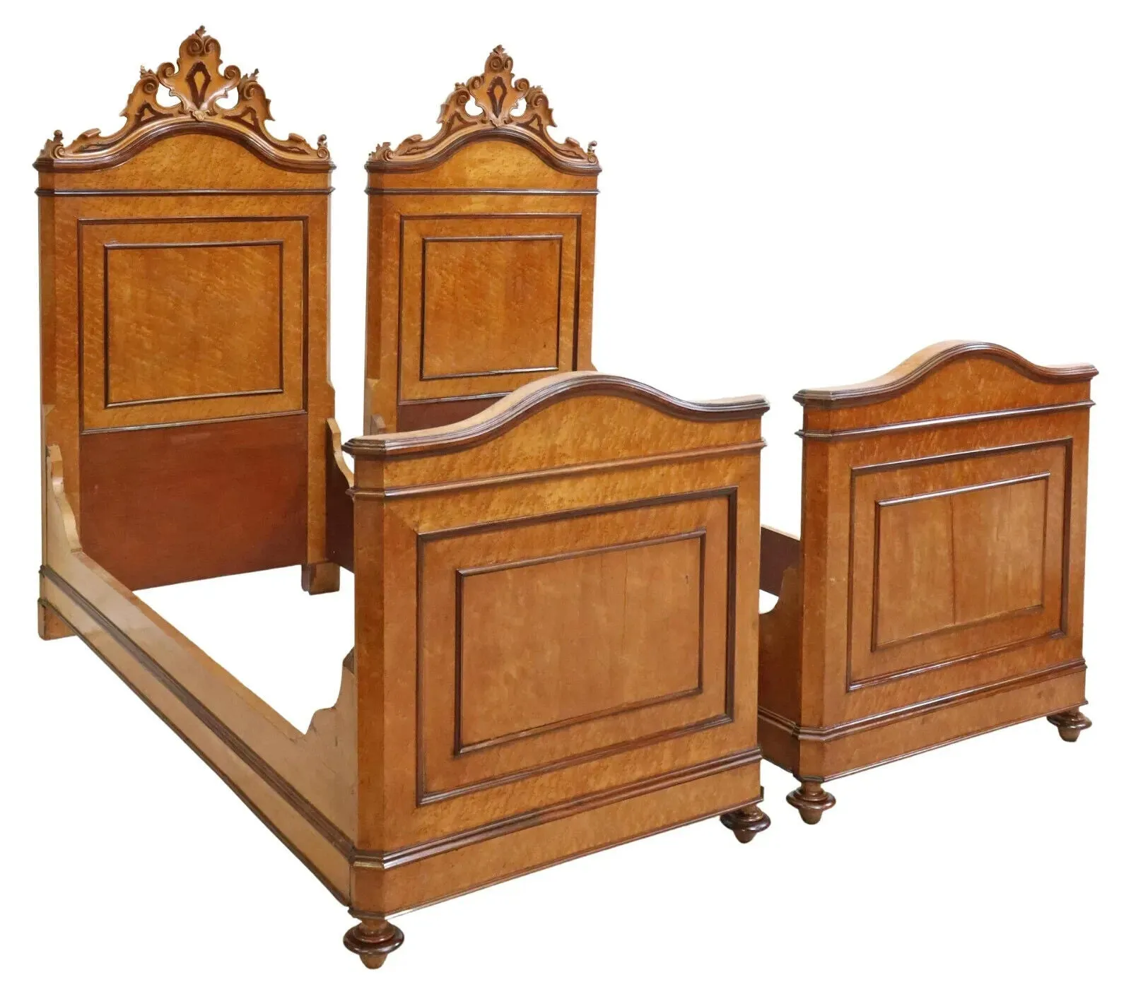 Antique, Beds, Maple, Pair (2) Italian Birdseye, Crest, Paneled, 19th C. 1800s
