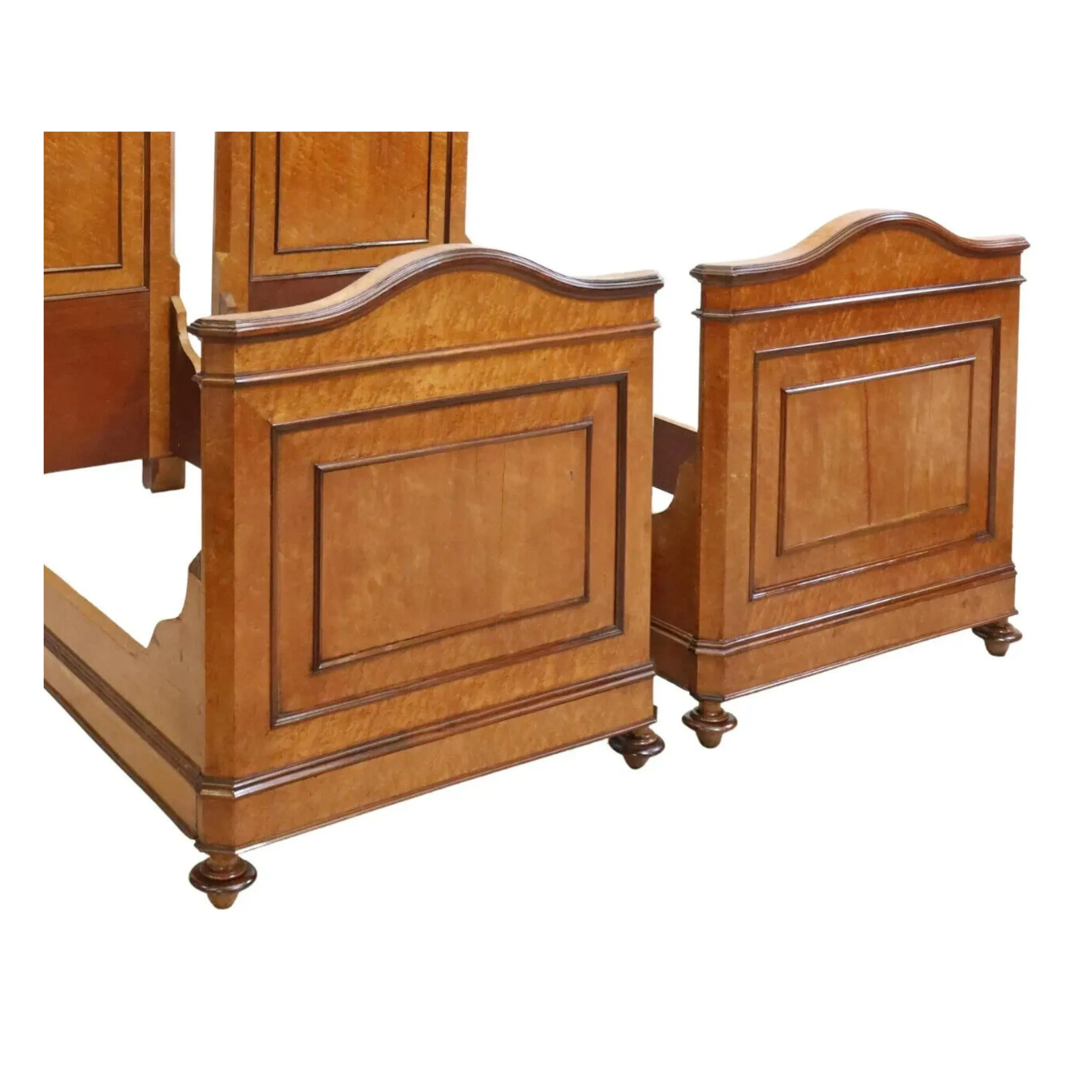 Antique, Beds, Maple, Pair (2) Italian Birdseye, Crest, Paneled, 19th C. 1800s