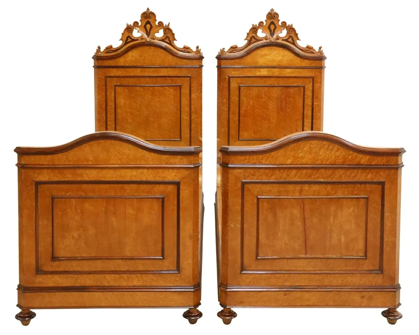 Antique, Beds, Maple, Pair (2) Italian Birdseye, Crest, Paneled, 19th C. 1800s