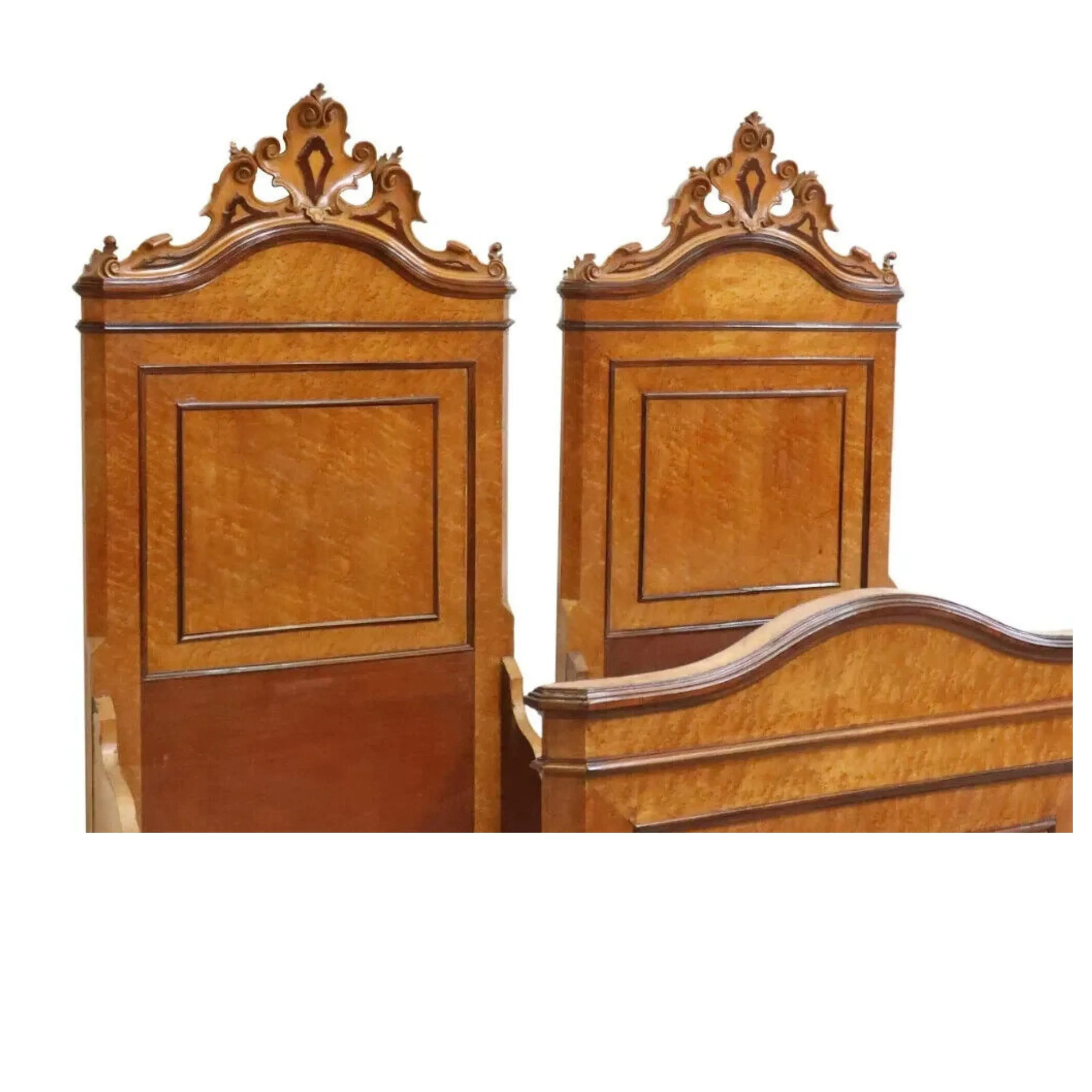 Antique, Beds, Maple, Pair (2) Italian Birdseye, Crest, Paneled, 19th C. 1800s