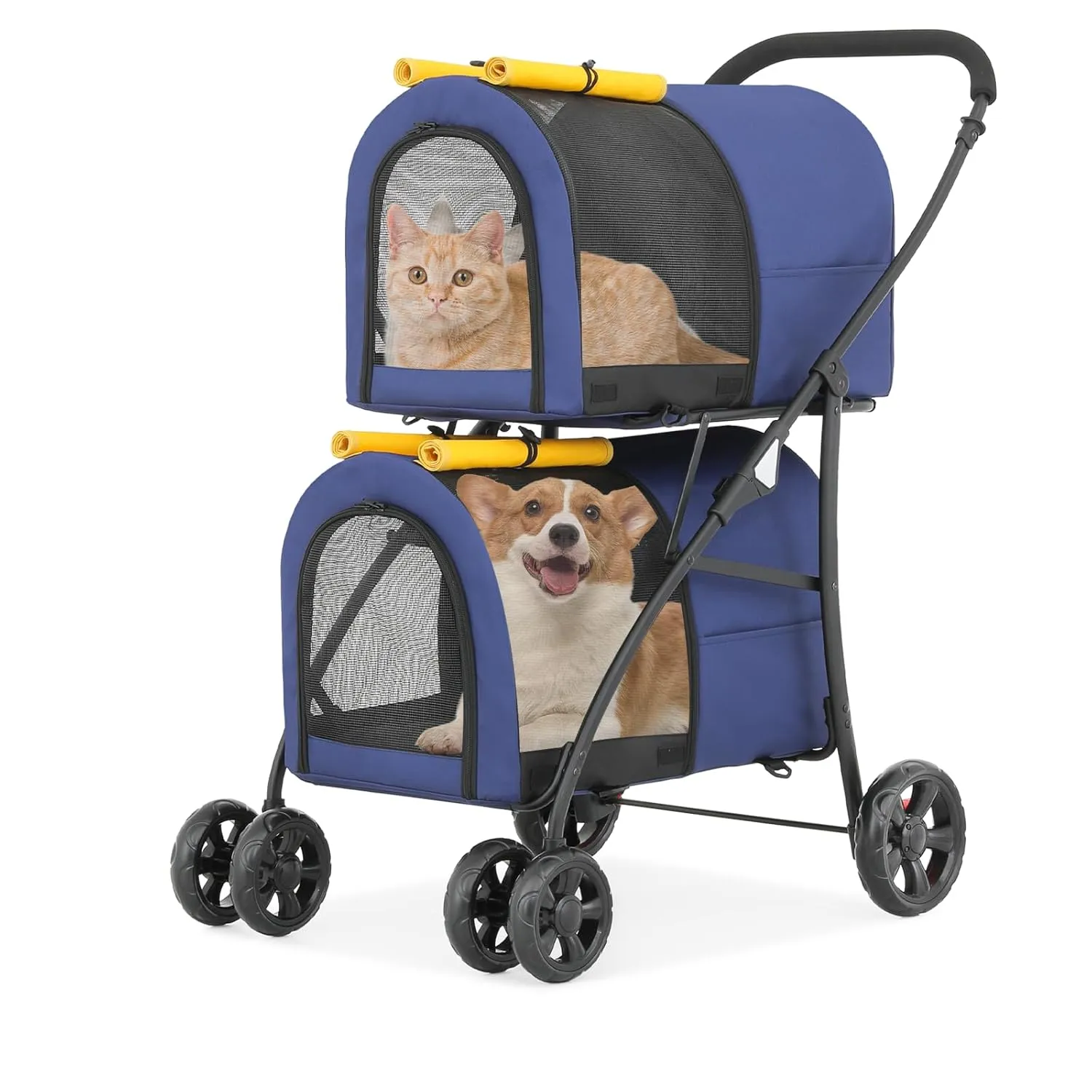 Athena Collection Double Pet Stroller with 2 Detachable Carrier Bag, Foldable Dog Strollers for Small Medium Dog Cat Strollers for 2 Cats with Safety Rope, Lockable Wheels, Pocket for Travel, Yellow