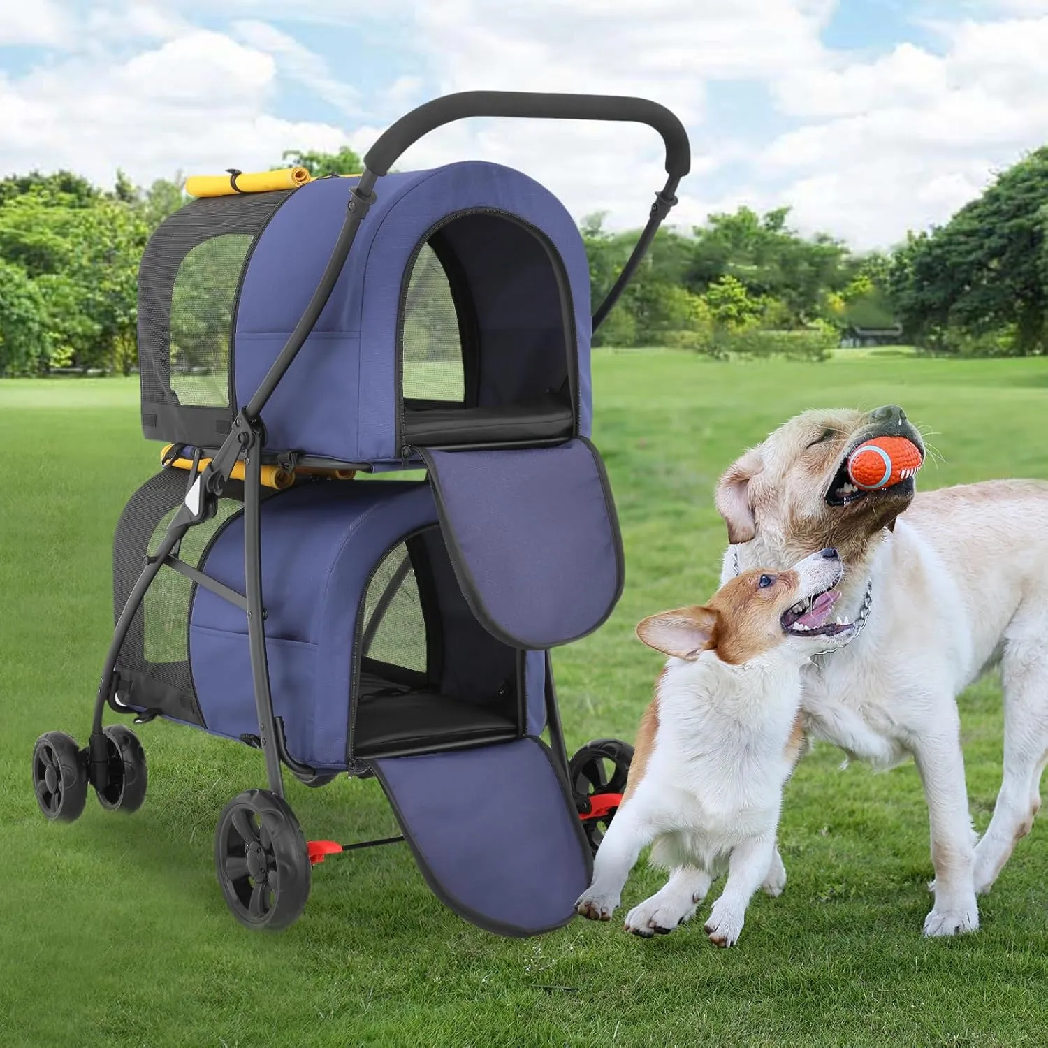 Athena Collection Double Pet Stroller with 2 Detachable Carrier Bag, Foldable Dog Strollers for Small Medium Dog Cat Strollers for 2 Cats with Safety Rope, Lockable Wheels, Pocket for Travel, Yellow