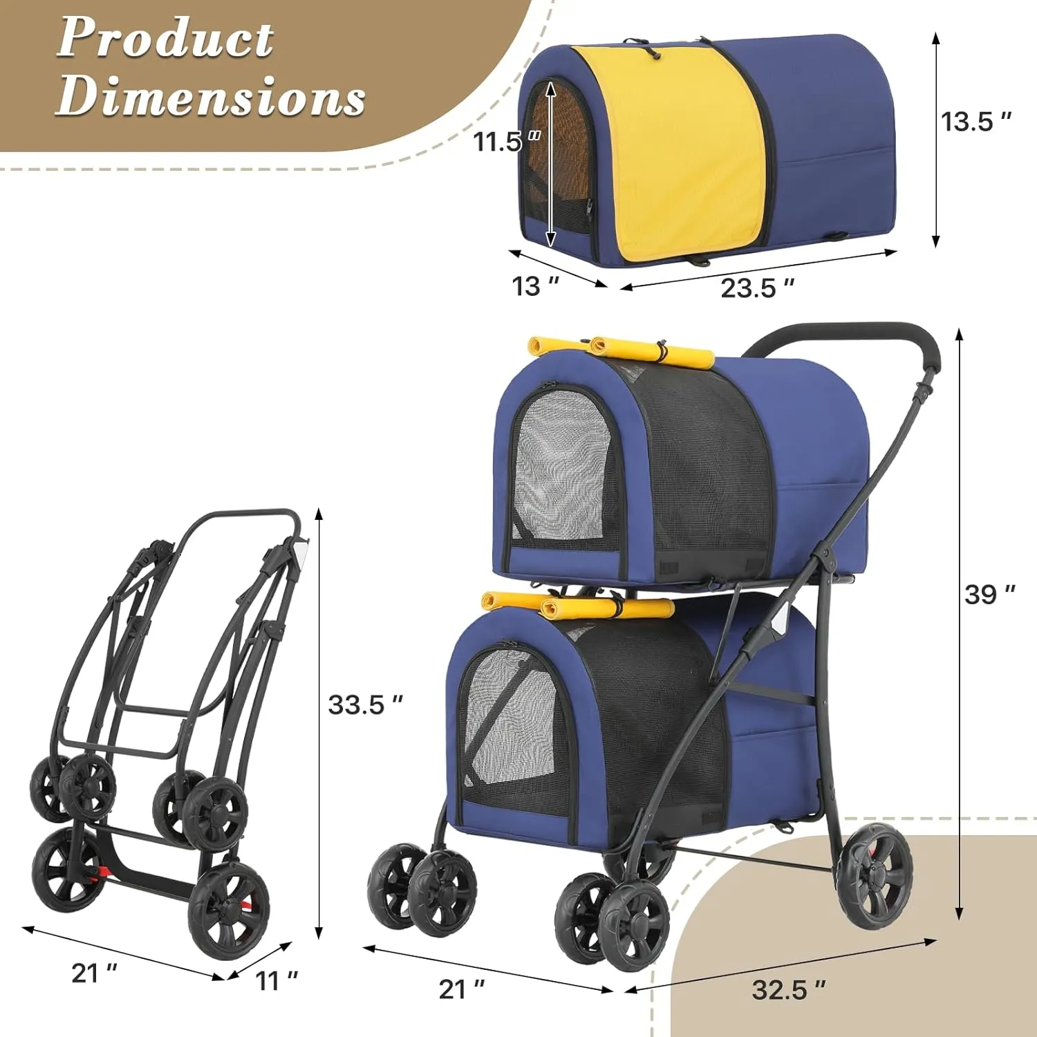 Athena Collection Double Pet Stroller with 2 Detachable Carrier Bag, Foldable Dog Strollers for Small Medium Dog Cat Strollers for 2 Cats with Safety Rope, Lockable Wheels, Pocket for Travel, Yellow