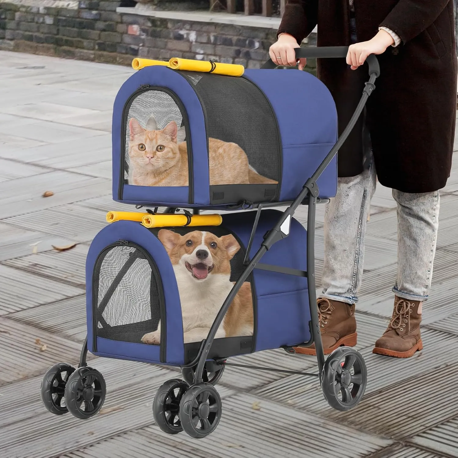 Athena Collection Double Pet Stroller with 2 Detachable Carrier Bag, Foldable Dog Strollers for Small Medium Dog Cat Strollers for 2 Cats with Safety Rope, Lockable Wheels, Pocket for Travel, Yellow