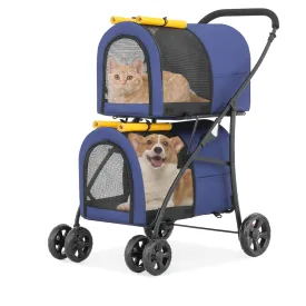 Athena Collection Double Pet Stroller with 2 Detachable Carrier Bag, Foldable Dog Strollers for Small Medium Dog Cat Strollers for 2 Cats with Safety Rope, Lockable Wheels, Pocket for Travel, Yellow