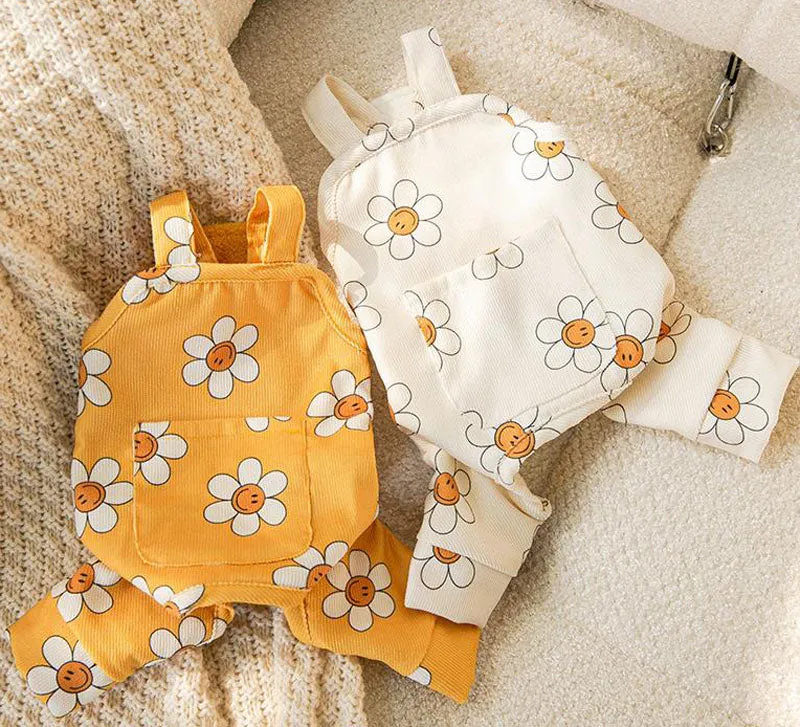 Autumn and winter new puppy clothes sunflower suspenders four-legged overalls