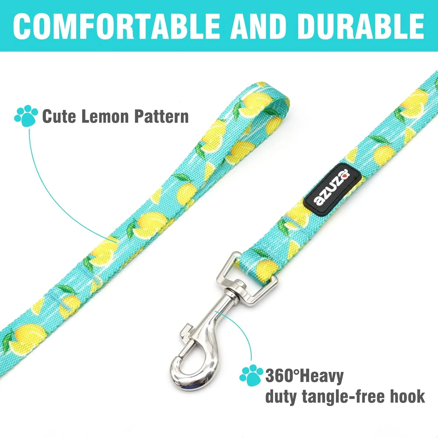 azuza Dog Collar and Leash Set, Lemon Patterns on Blue Nylon Collar and Matching Leash, Great Option for Medium Dogs