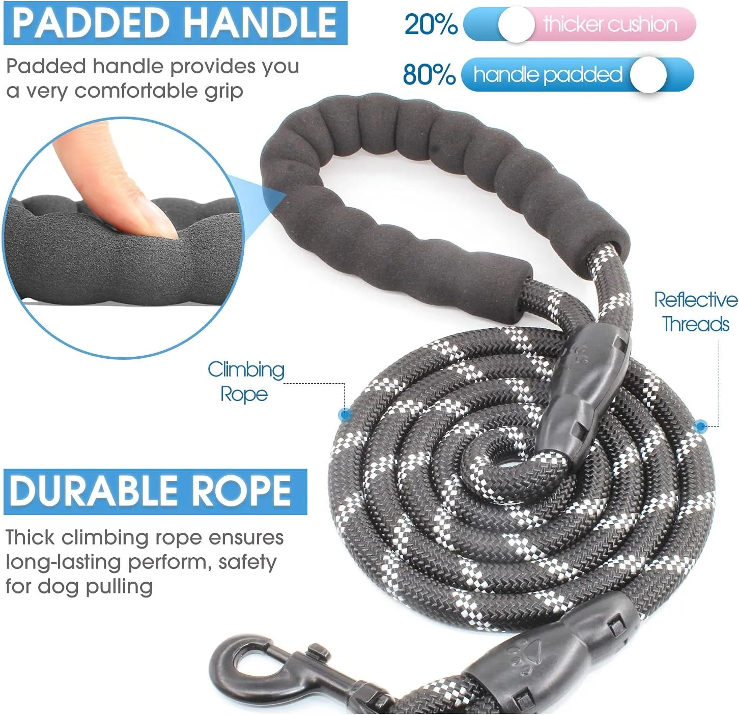 BAAPET 2/4/5/6 FT Dog Leash with Comfortable Padded Handle and Highly Reflective Threads for Small Medium and Large Dogs (5FT-1/2'', Black)