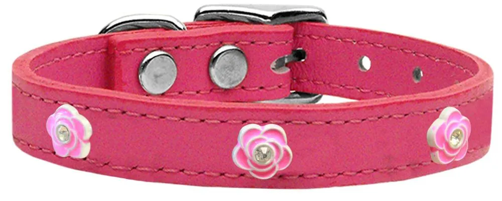 Bright Pink Rose Widget Genuine Leather Dog Collar Pink 24