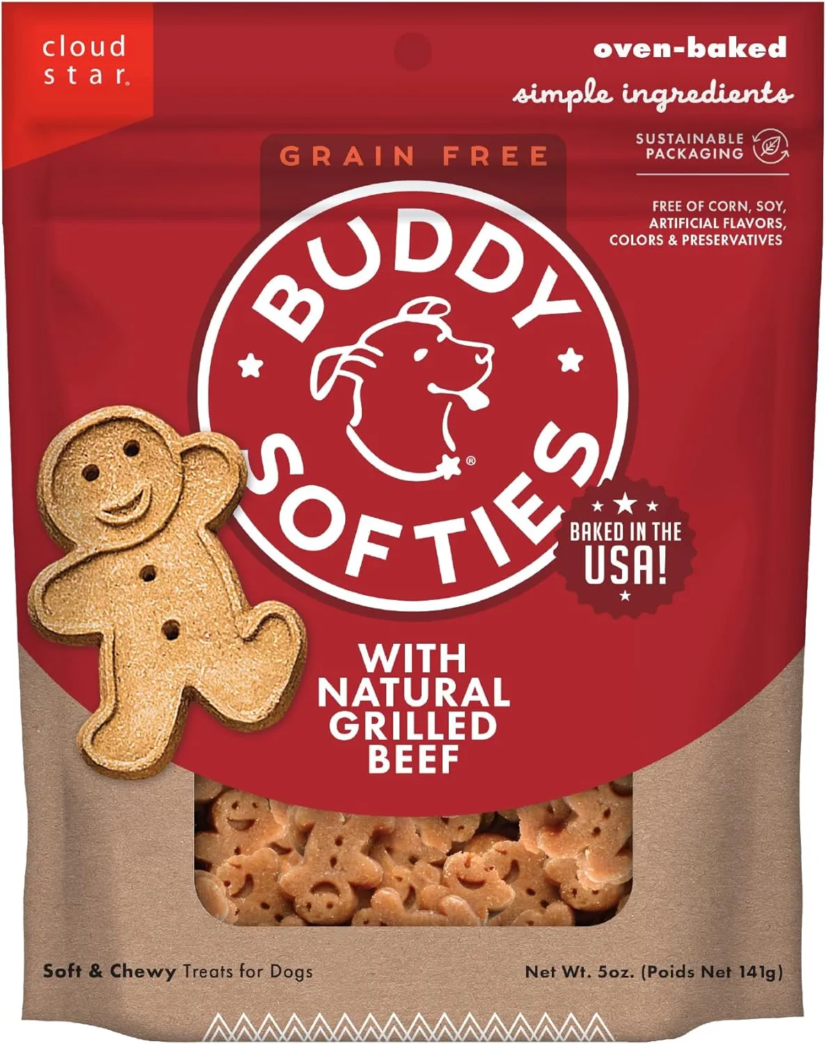Buddy Biscuits Softies 5 oz Pouch, Grain-Free Soft & Chewy, Natural Grilled Beef Flavor Dog Treats, Oven Baked in The USA