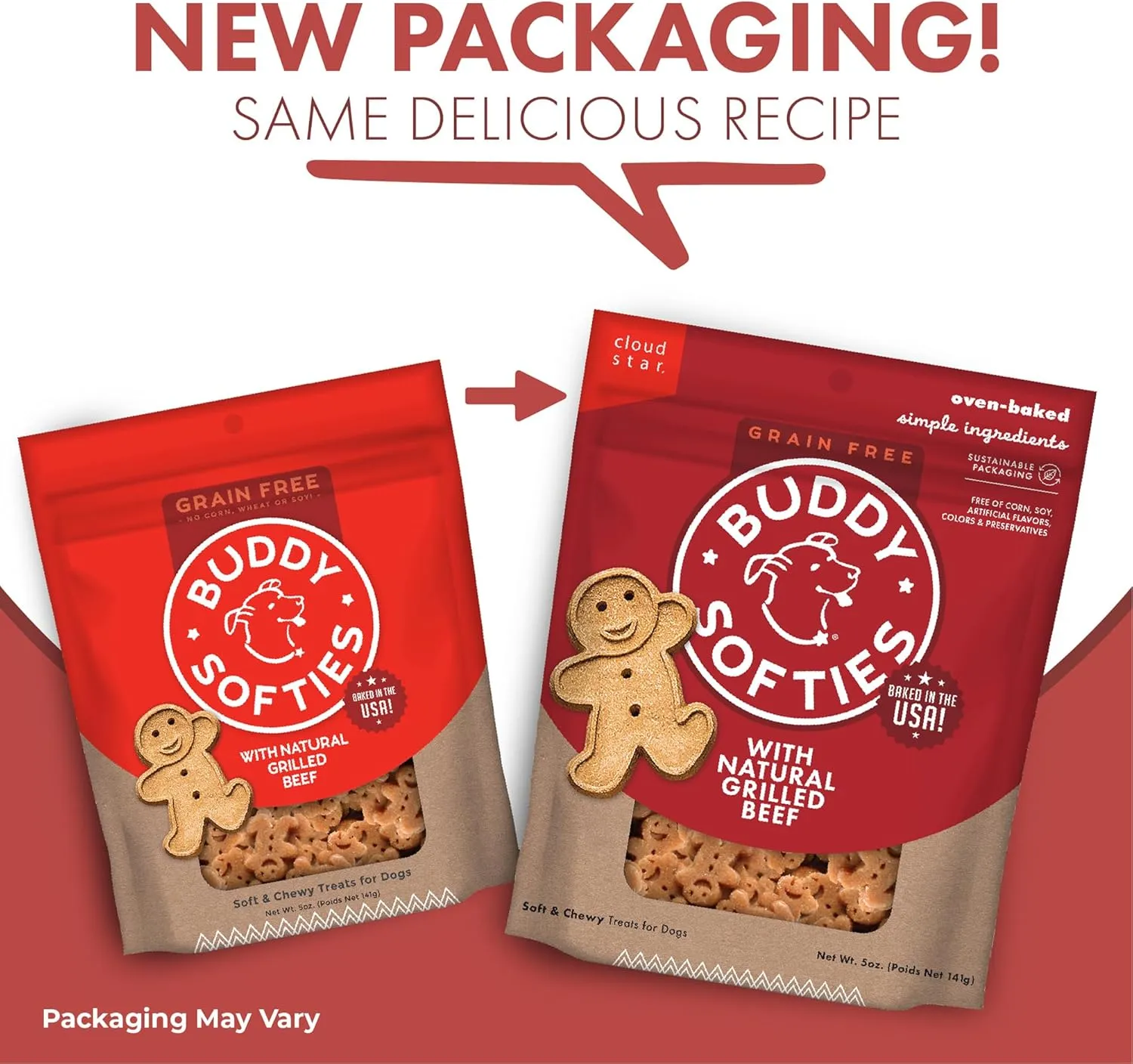 Buddy Biscuits Softies 5 oz Pouch, Grain-Free Soft & Chewy, Natural Grilled Beef Flavor Dog Treats, Oven Baked in The USA