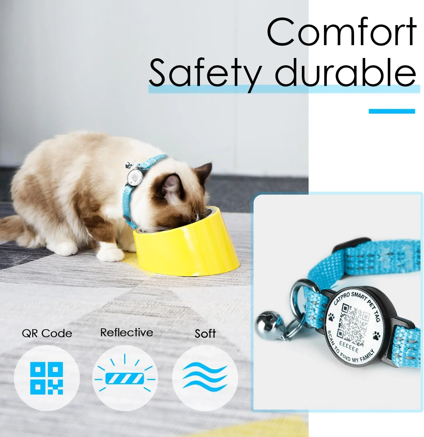 Cat Collar Pet ID Tag with Smart QR Code,Real-time scan alerts,Modifiable and Shareable Pet Profile,Reflective Nylon with Bell, Secure Breakaway, No Subscription or fees,Blue-S