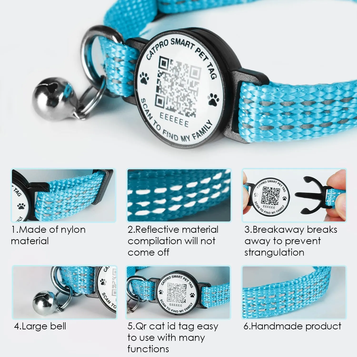 Cat Collar Pet ID Tag with Smart QR Code,Real-time scan alerts,Modifiable and Shareable Pet Profile,Reflective Nylon with Bell, Secure Breakaway, No Subscription or fees,Blue-S