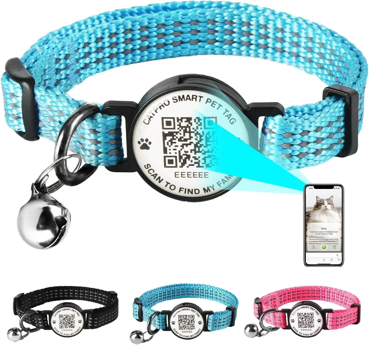Cat Collar Pet ID Tag with Smart QR Code,Real-time scan alerts,Modifiable and Shareable Pet Profile,Reflective Nylon with Bell, Secure Breakaway, No Subscription or fees,Blue-S
