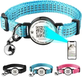 Cat Collar Pet ID Tag with Smart QR Code,Real-time scan alerts,Modifiable and Shareable Pet Profile,Reflective Nylon with Bell, Secure Breakaway, No Subscription or fees,Blue-S