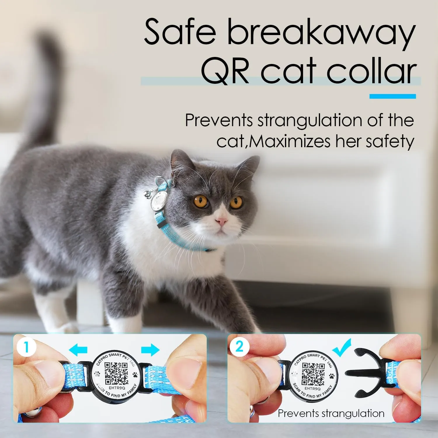 Cat Collar Pet ID Tag with Smart QR Code,Real-time scan alerts,Modifiable and Shareable Pet Profile,Reflective Nylon with Bell, Secure Breakaway, No Subscription or fees,Blue-S
