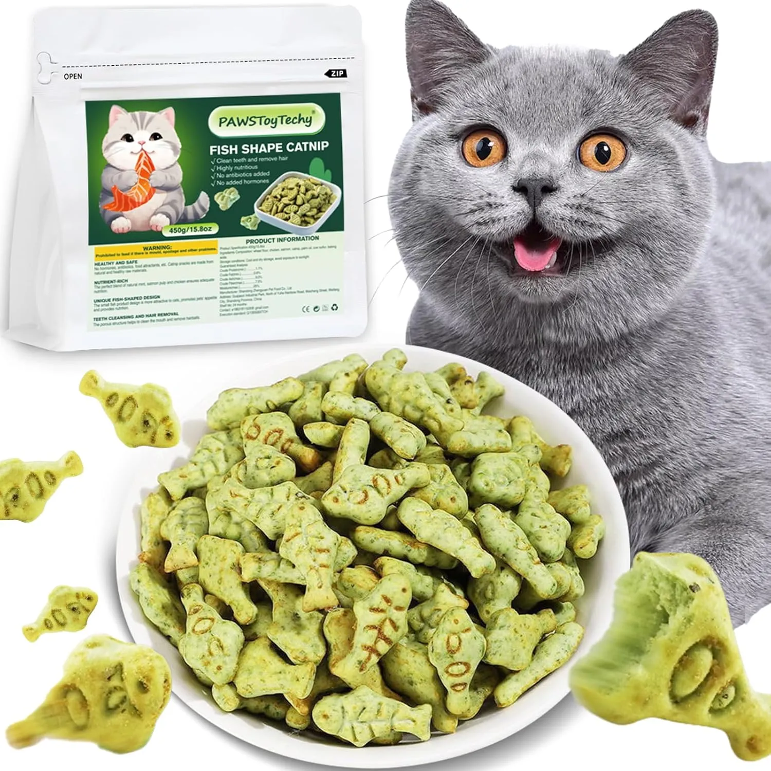 Cat Hairball Treats, 16 Oz Kitty Teeth Cleaning Catnip for Indoor, Fish Shape Cat Nip Dry Food, Healthy Chicken and Salmon Flavor Grass Biscuits