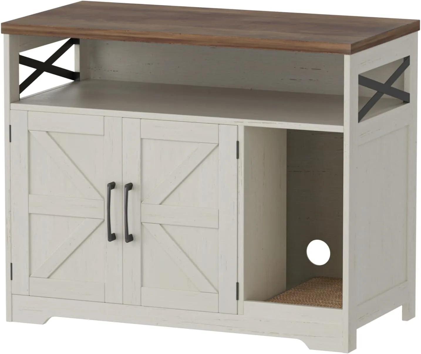 Cat Litter Box Enclosure, Hidden Litter Box Furniture with Scratch Pad, Farmhouse Indoor Cat House Washroom End Table, White