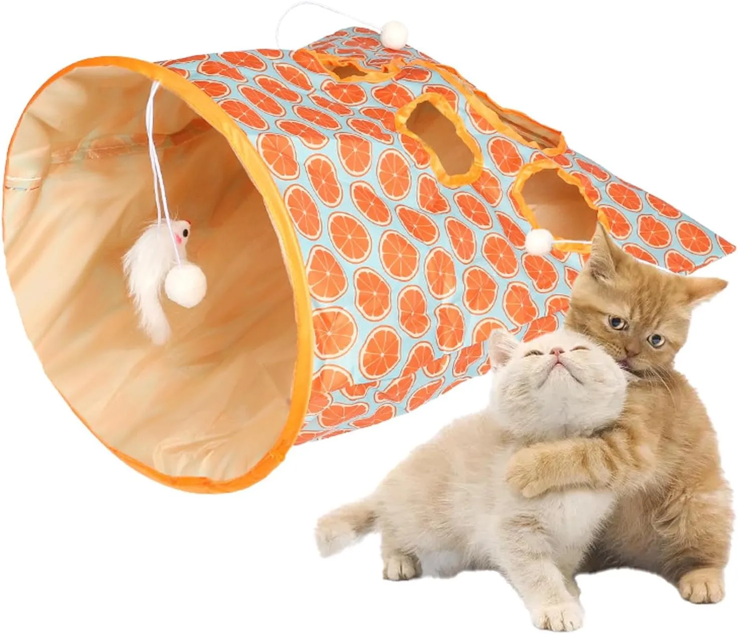 Cat Tunnel Toy, Cat Tunnel Bags with 1 Little Mouse & 3 Ball Crinkle Sack Bag for Cats, Portable Training Cave Collapsible Interactive Cat Drill Bag Pet Toy, Cat Self Interactive Toys(Orange)
