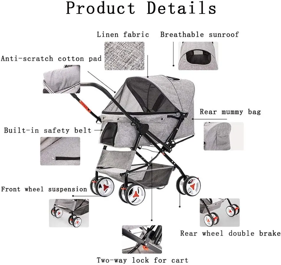Cat/Dog Stroller Easy One-Hand Fold 4 Wheel Dog Strollers for Medium Small Dogs Reversible Push Handle Pet Stroller Puppy & Kitten Carrier Extended Cockpit (Grey) (Rose Red)