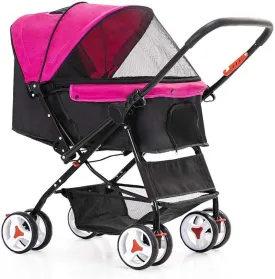 Cat/Dog Stroller Easy One-Hand Fold 4 Wheel Dog Strollers for Medium Small Dogs Reversible Push Handle Pet Stroller Puppy & Kitten Carrier Extended Cockpit (Red) (Rose Red)