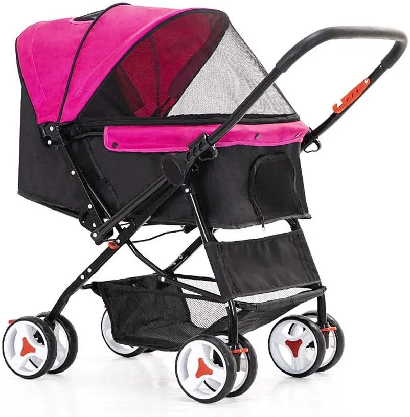 Cat/Dog Stroller Easy One-Hand Fold 4 Wheel Dog Strollers for Medium Small Dogs Reversible Push Handle Pet Stroller Puppy & Kitten Carrier Extended Cockpit (Red) (Rose Red)