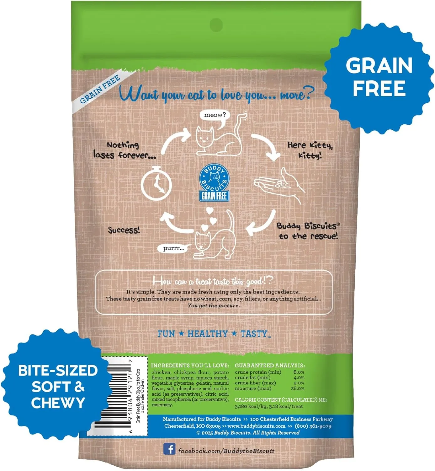 Cloud Star Buddy Biscuits 3 oz Pouch of Grain Free Soft & Chewy Cat Treats Made with Natural Tender Chicken (Pack of 2)