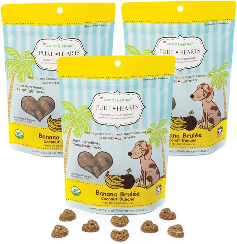 CocoTherapy 3 Pack of Banana Brulee Pure Hearts Coconut Cookies, 5 Ounces Each, Organic Dog Treats Made in The USA