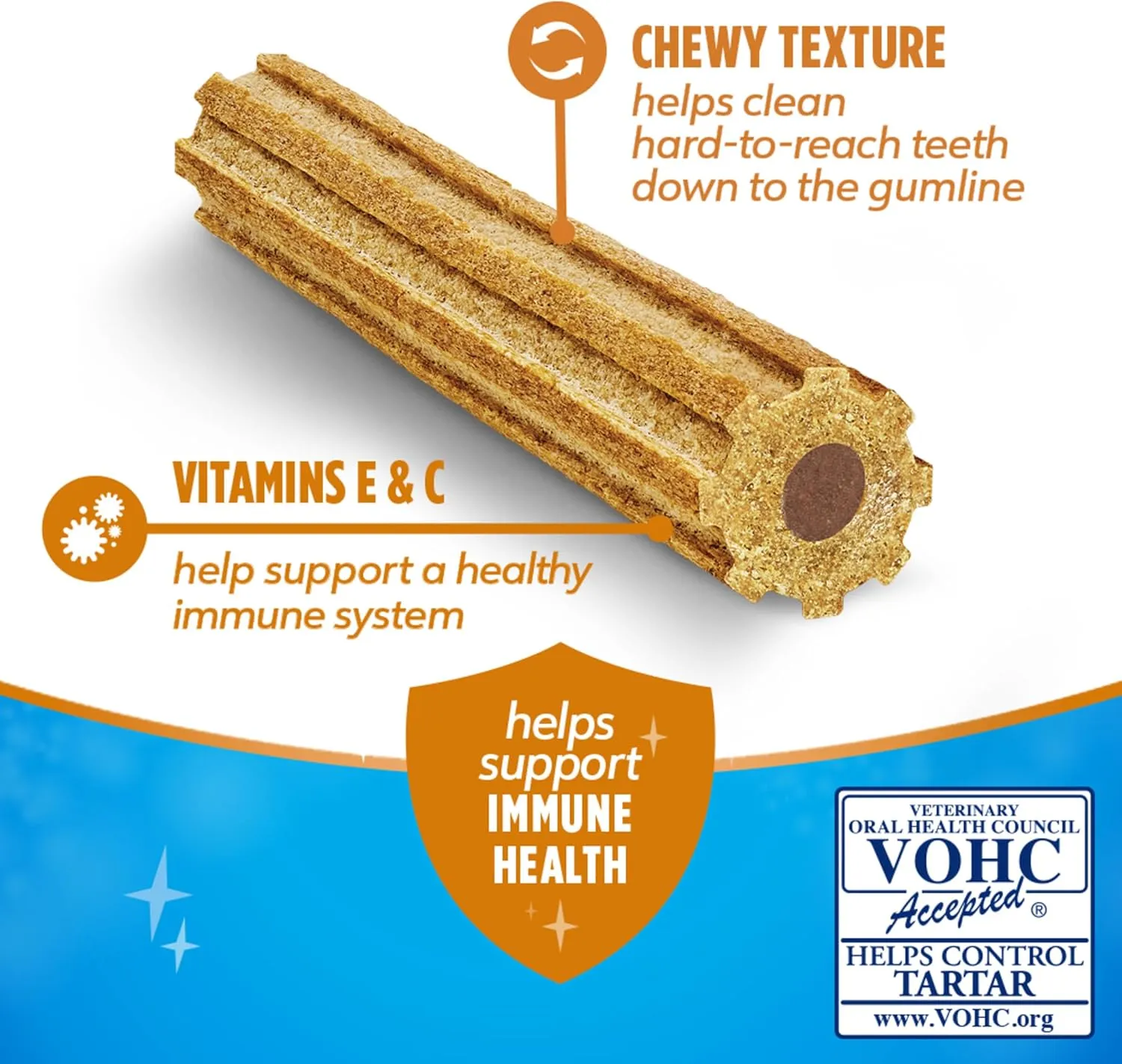 DentaLife Plus Immune Support Dog Treats for Large Dogs 40 lbs. and up, Cleans Teeth, Freshens Breath, & Supports Immune Health, Chicken, Apple, & Blueberry Flavor, 22.6 oz., 19 Chews - 19 ct. Pouch