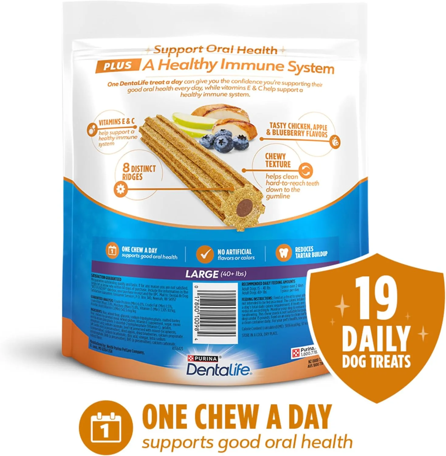 DentaLife Plus Immune Support Dog Treats for Large Dogs 40 lbs. and up, Cleans Teeth, Freshens Breath, & Supports Immune Health, Chicken, Apple, & Blueberry Flavor, 22.6 oz., 19 Chews - 19 ct. Pouch