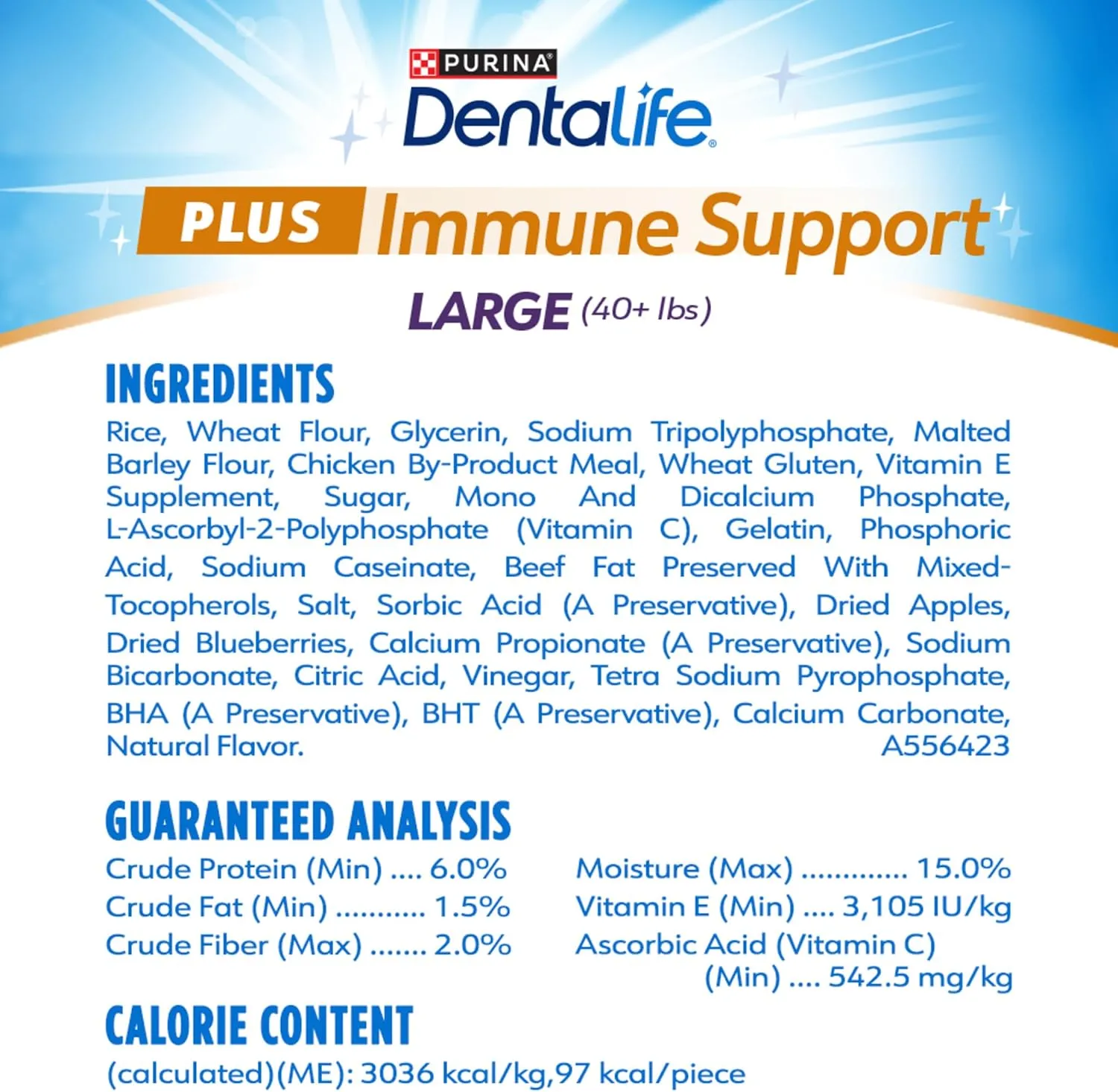 DentaLife Plus Immune Support Dog Treats for Large Dogs 40 lbs. and up, Cleans Teeth, Freshens Breath, & Supports Immune Health, Chicken, Apple, & Blueberry Flavor, 22.6 oz., 19 Chews - 19 ct. Pouch