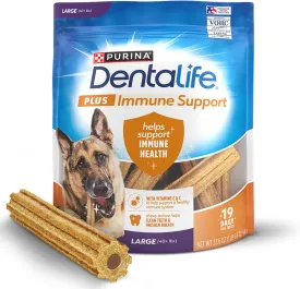 DentaLife Plus Immune Support Dog Treats for Large Dogs 40 lbs. and up, Cleans Teeth, Freshens Breath, & Supports Immune Health, Chicken, Apple, & Blueberry Flavor, 22.6 oz., 19 Chews - 19 ct. Pouch