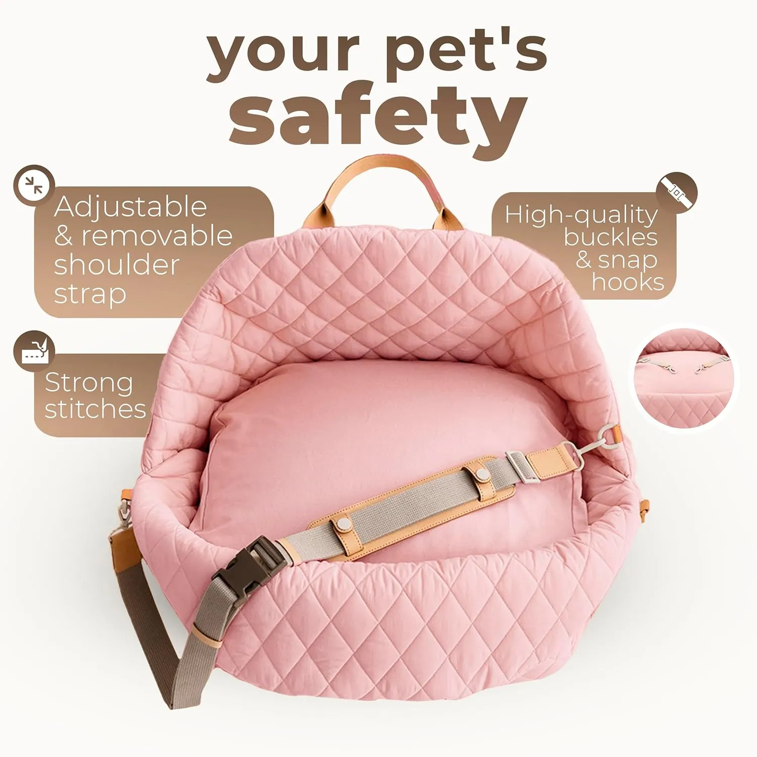 Dog Bed 3-in-1 Pet Car Seat and Dog Carrier with Small Pillow, Storage Pocket, Clip-On Safety Leash, Waterproof Puppy Carrier, Two Portable Handle, Cat Travel Carrier, Pink