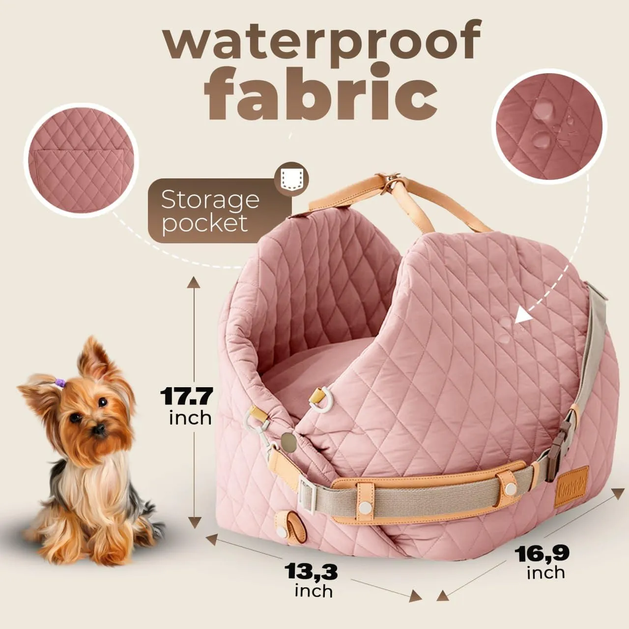 Dog Bed 3-in-1 Pet Car Seat and Dog Carrier with Small Pillow, Storage Pocket, Clip-On Safety Leash, Waterproof Puppy Carrier, Two Portable Handle, Cat Travel Carrier, Pink