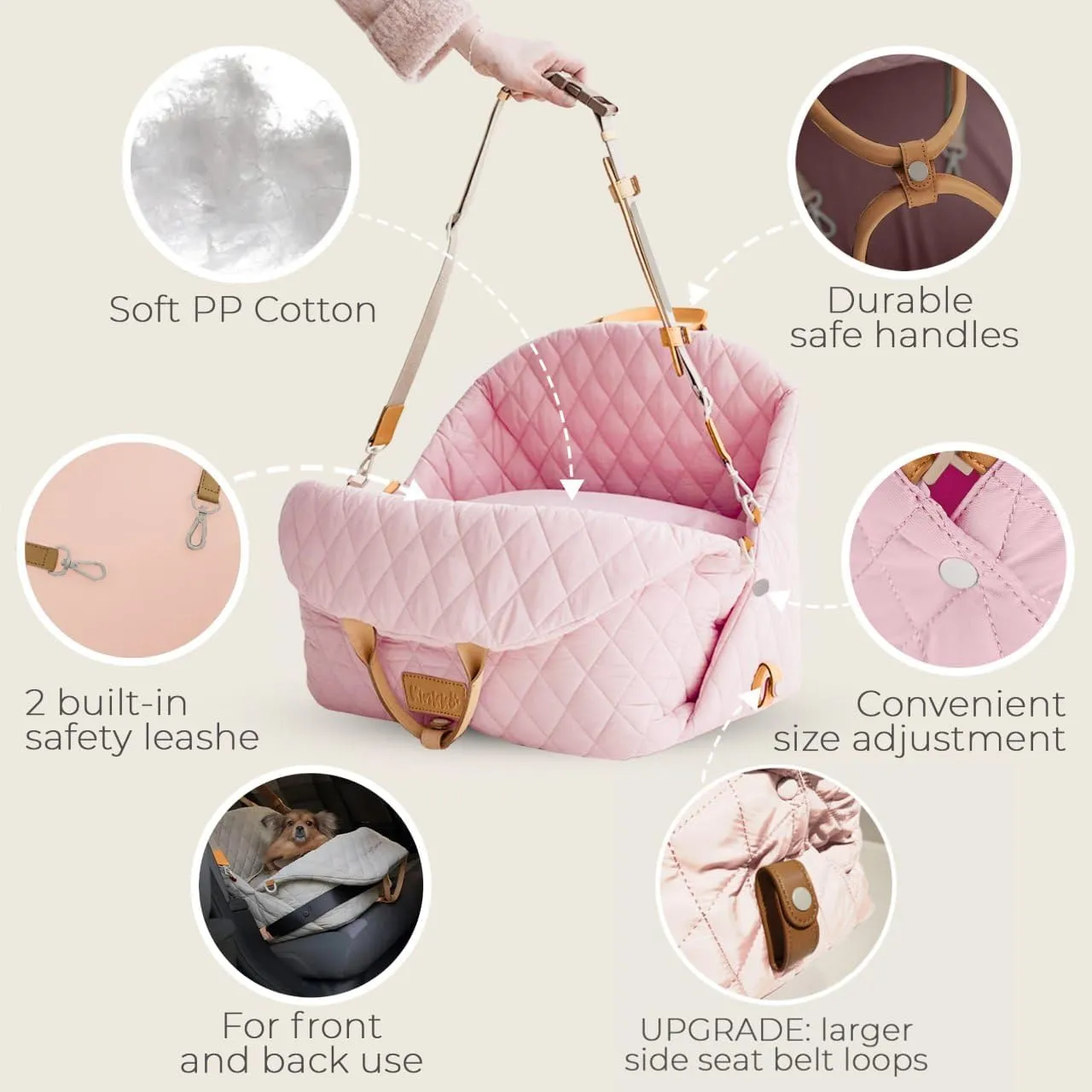 Dog Bed 3-in-1 Pet Car Seat and Dog Carrier with Small Pillow, Storage Pocket, Clip-On Safety Leash, Waterproof Puppy Carrier, Two Portable Handle, Cat Travel Carrier, Pink