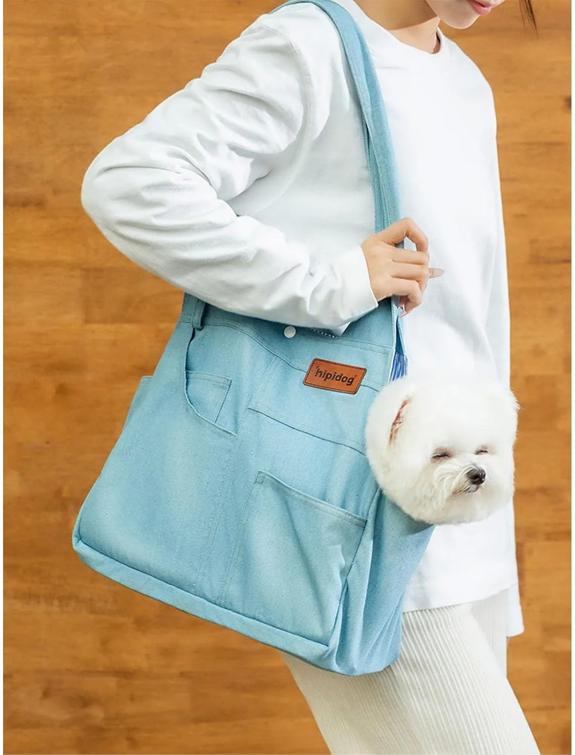 Dog Carrier Purse Premium Denim Dog Soft Sided Carriers Bag Pet Travel Tote Bag with Pockets for Cat and Small Dog (Medium, Light Blue)