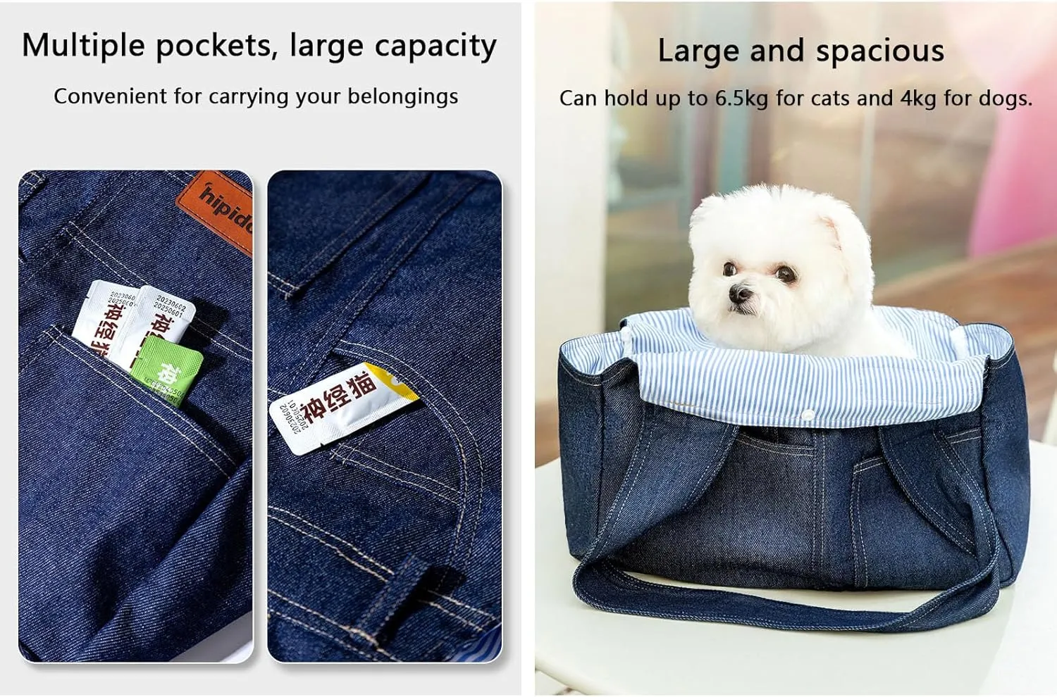 Dog Carrier Purse Premium Denim Dog Soft Sided Carriers Bag Pet Travel Tote Bag with Pockets for Cat and Small Dog (Medium, Light Blue)