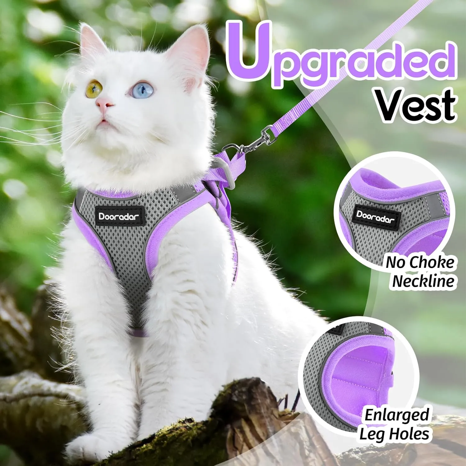 Dooradar Cat Harness and Leash Set, Escape Proof Lightweight Kitten Harness, Soft Breathable Reflective Vest for Outdoor Walking Traveling, Adjustable for Medium Cats, Grey & Purple, M