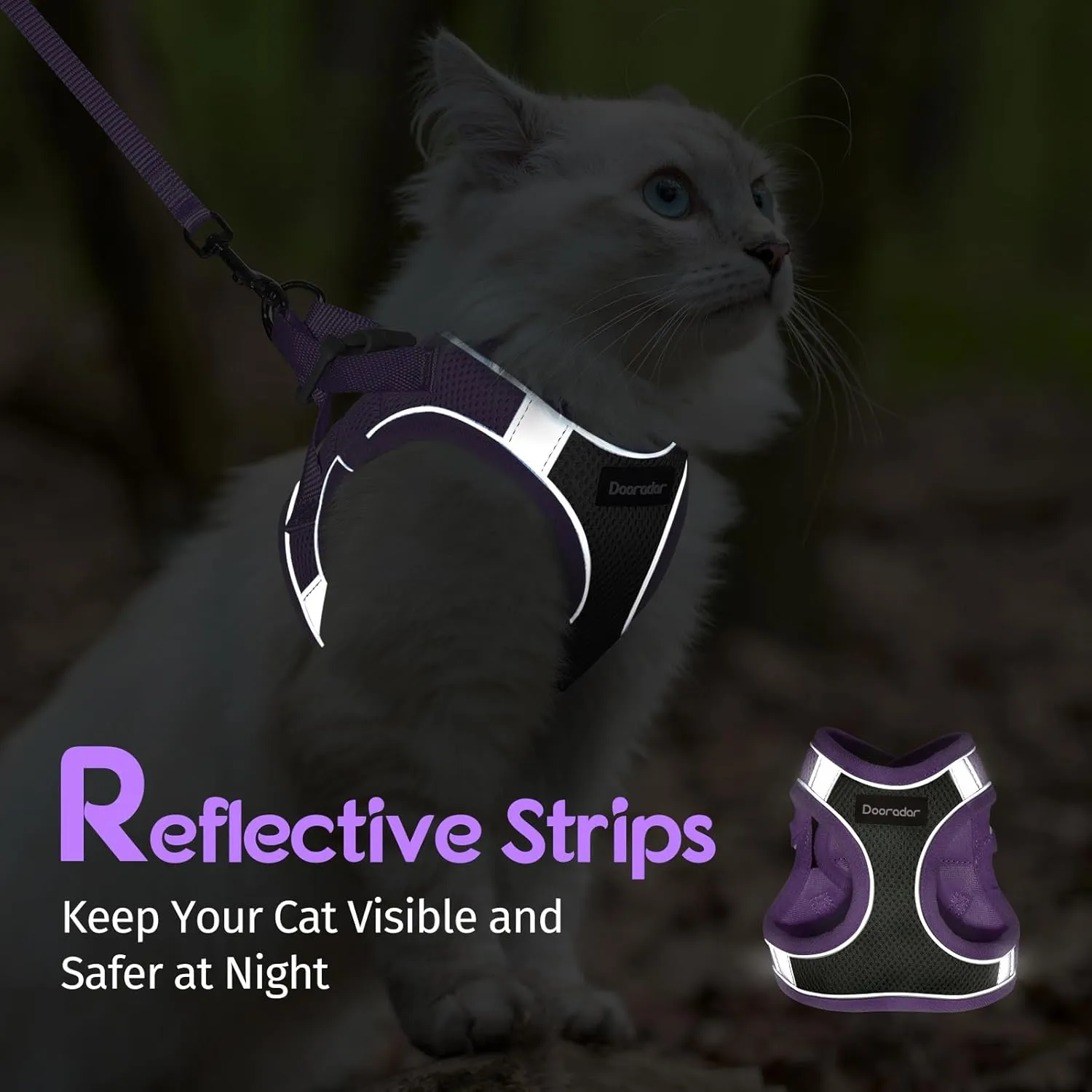 Dooradar Cat Harness and Leash Set, Escape Proof Lightweight Kitten Harness, Soft Breathable Reflective Vest for Outdoor Walking Traveling, Adjustable for Medium Cats, Grey & Purple, M